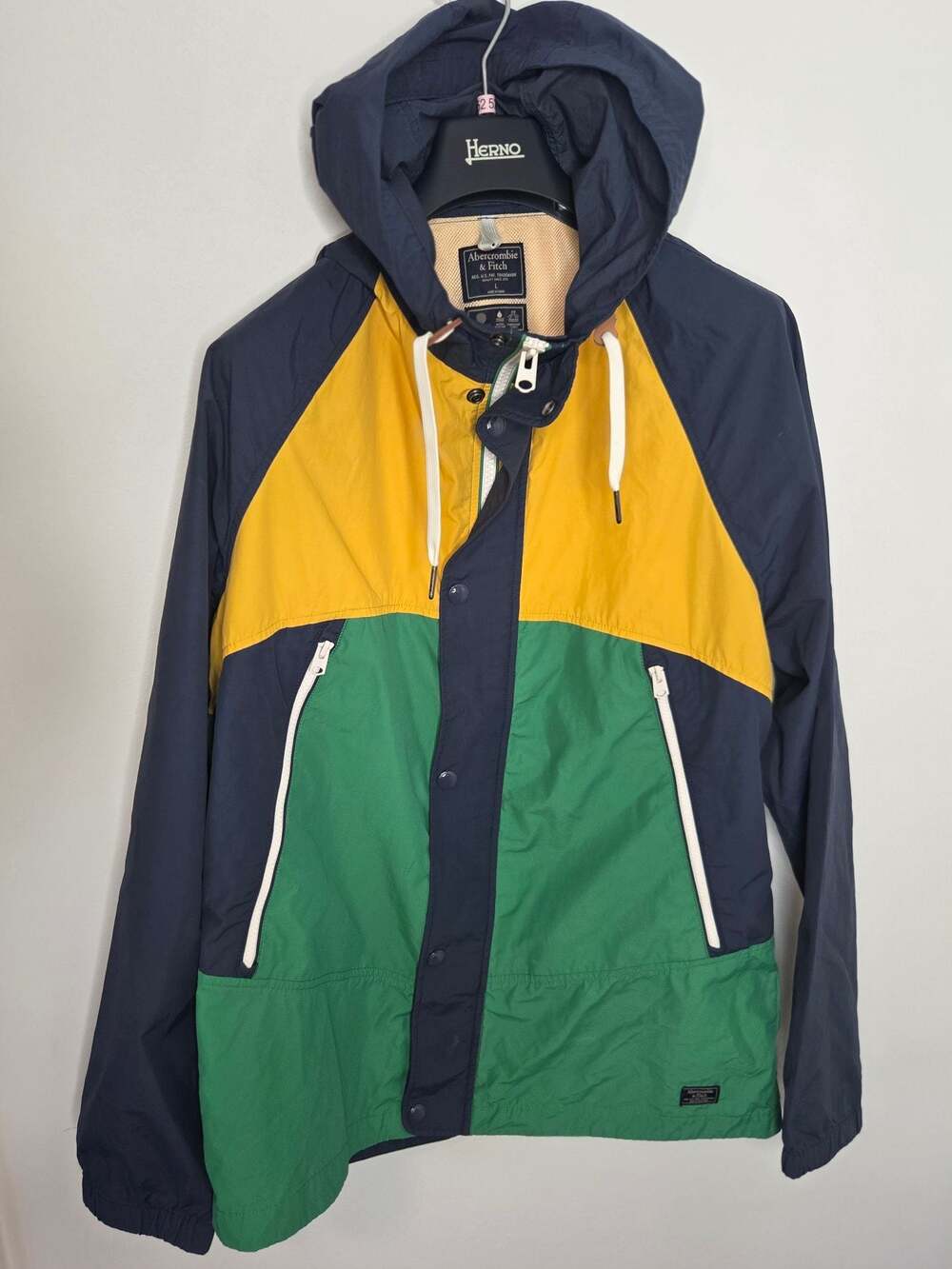 Abercrombie & Fitch Mens Colorblock Windbreaker Rain Jacket Navy/Yellow/Green L